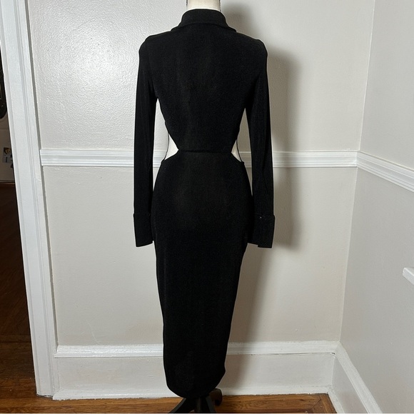 Runaway Stretchy Black Maxi Dress Cutouts Long Sleeves Collared Preppy - Picture 16 of 17